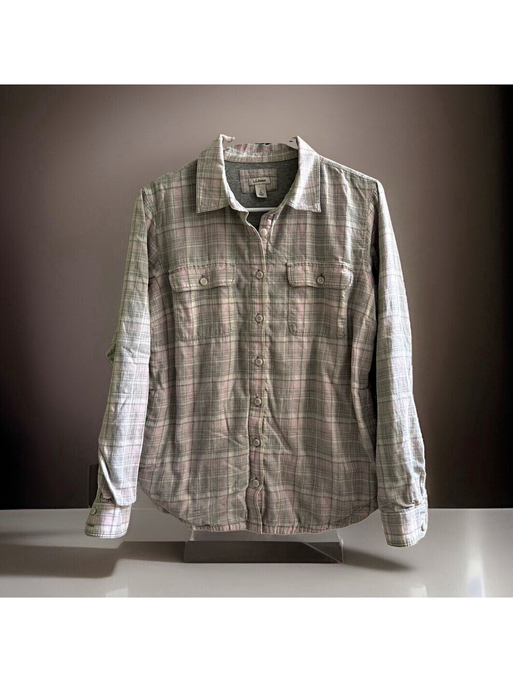L.L.Bean Women’s S Gray Pink Plaid Flannel Shirt Cotton Pockets Long Sleeve